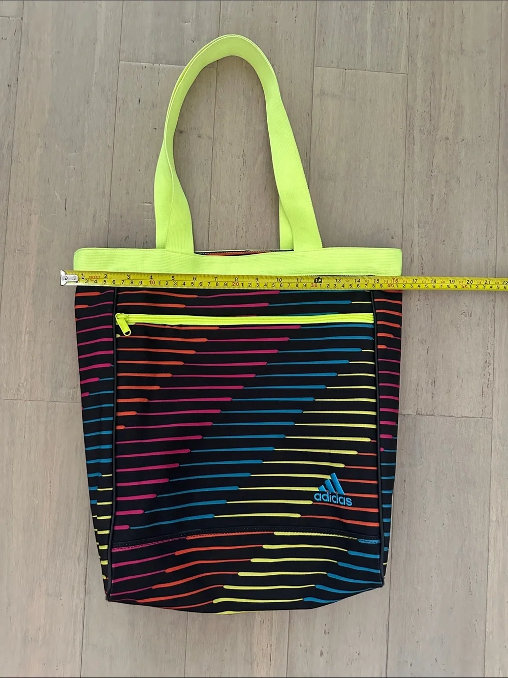 adidas Black Tote with Neon Yellow Trim and Multicolor Stripes Zip Top - Picture 7 of 9